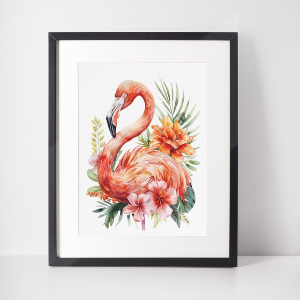 Watercolor Flamingo Portrait Wall Art Illustration Print Poster Unframed - Picture 3 of 5